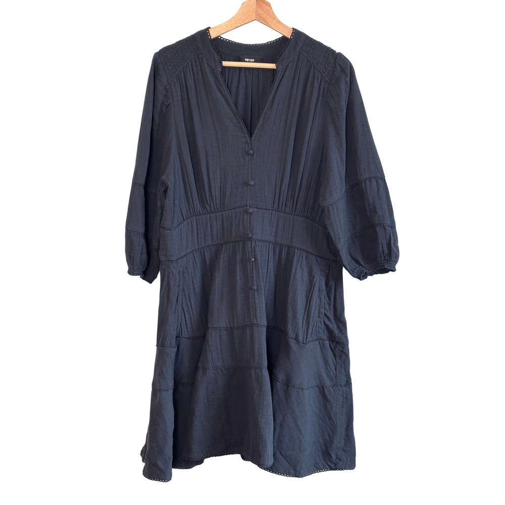 ME+EM Tiered Mini Dress Navy Blue Womens Size 12 Smocked Waist V-Neck Pockets